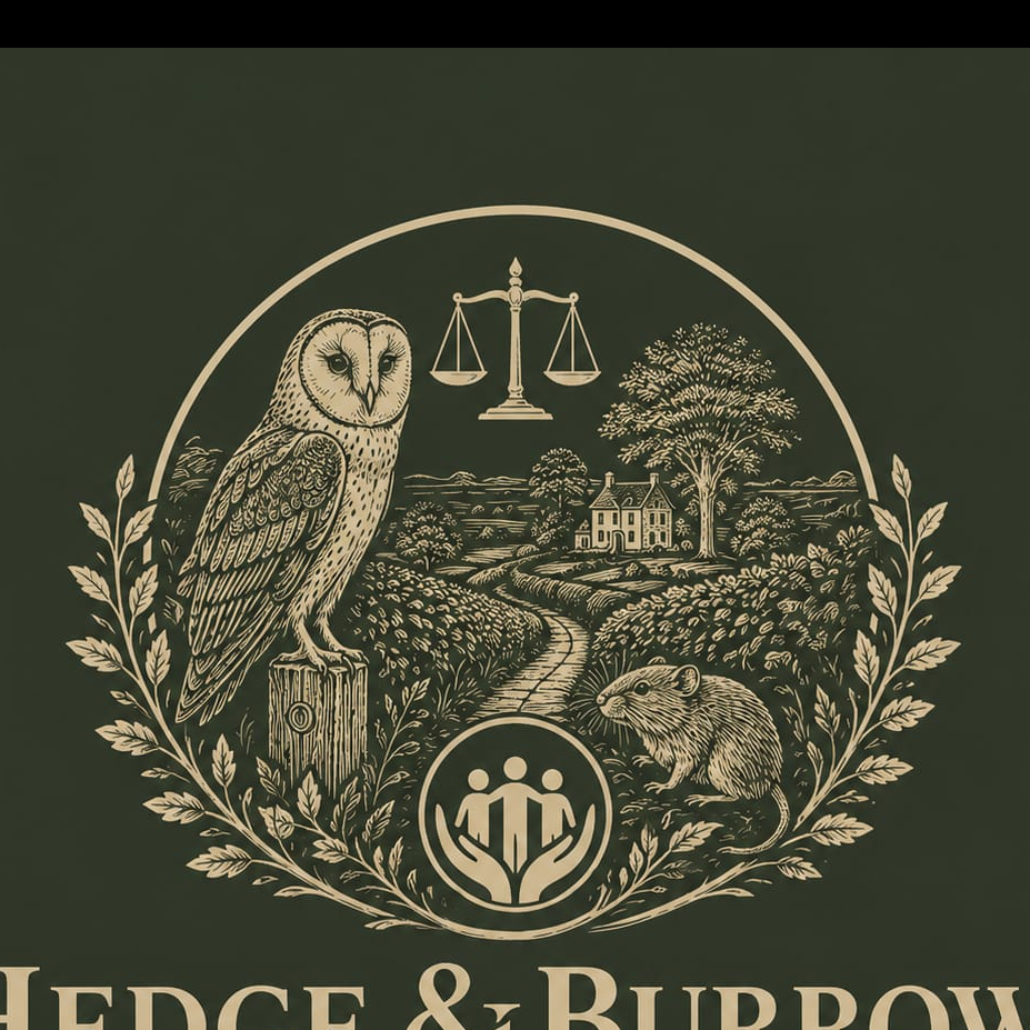 Hedge & Burrows emblem, an owl over Staffordshire farmland